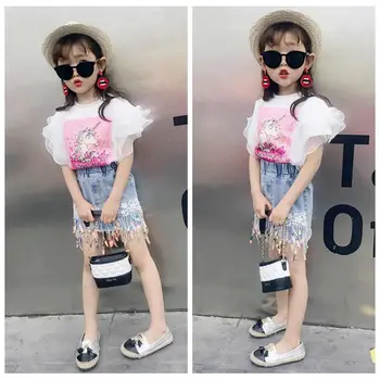 Poletje nove dekliške obleke moda dekleta BLING ponija kratki rokavi T-shirt + traper krilo obleko, dvodelno, otroci oblačila GT11