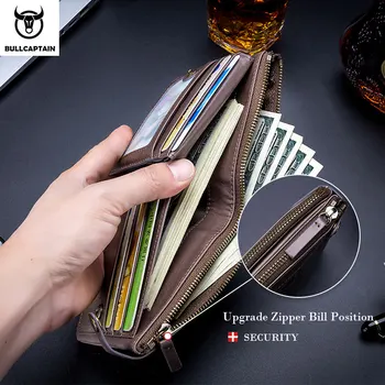 BULLCAPTAIN usnjena denarnica, moška zadrgo denarnica moška denarnica denarnica RFID mini denarnice in pametno načrtovanje zadrge sponke denarnice