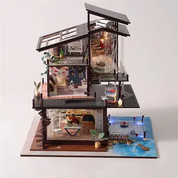 DIY Lutka Hiša Pohištvo Miniaturni Lutke Igrače Koči Valencia Obali Vile Z Glasbeno Gibanje Brez Prahu Kritje