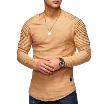 2020 Barva Rokav Naguban Obliž Podrobno Dolg Rokav T-Shirt Moški Pomlad Priložnostne Vrhovi Puloverji Moda Slim Osnovne Vrhovi