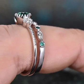 Novo Modro/Zeleni Kamen Ring Set Za Ženske, Nakit Elegantno Cirkon Zlaganje Obroči 925 sterling silver Poroka poročni Prstan