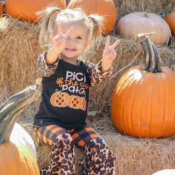 Otroci Baby Dekle Halloween Oblačila, ki Malček Dojenčke do leta 2020 Kariran Dolg Rokav Jeseni T-shirt Leopard Flare Hlače, Obleke, Oblačila