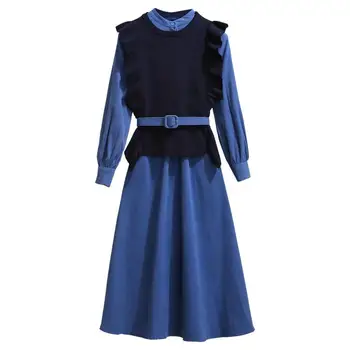 ICHOIX Pletene telovnik ženske 2 delni set korejskem slogu dolgo obleko urad elegantne dame pozimi obleko 2 kos obleke modro obleko 2pcs