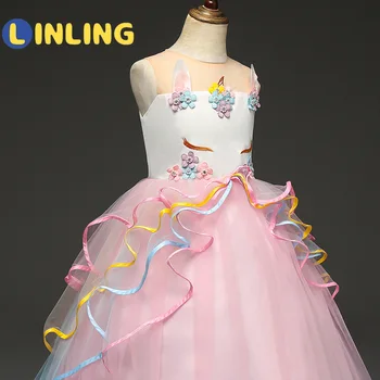 LINLING Gleženj-Dolžina Obleko Pisane Očesa Torto Puff brez Rokavov Žogo Obleke Unicorn Princess Dress Dekleta Uspešnosti Obleko V75
