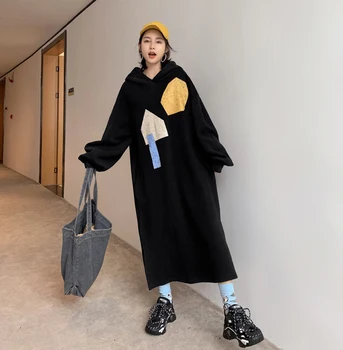 Korejski Moda Dolg Odsek Luna Tiskanja Žensk Obleko Pulover S Kapuco Svoboden Oversize Majica Ženska Nove Dolg Rokav Puloverji