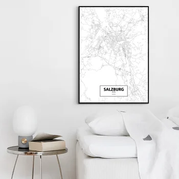 Salzburg Avstrija Črna Bela Meri Svetovni Zemljevid Mesta Plakat Platno, Tisk Skandinavski Slog Wall Art Dom Dekor