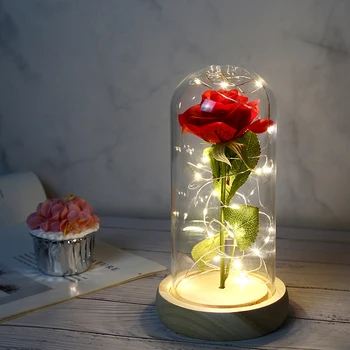 Lepota In Zver pozlačeno Rdeče Vrtnice Z LED Luči V Stekleno Kupolo, Za svate, Valentinovo, Božič Darilo