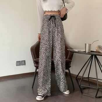 Da samem nove jesensko obleko leopard visoko pasu dolge hlače svoboden maščobe mlajša sestra naravnost široko nogami hlače