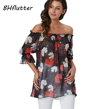 BHflutter 4XL Plus Velikost Bluzo Ženske 2019 Novo Off Ramenski Poletne Bluze zgornji deli oblacil Ženske Cvjetnim Tiskanja Priložnostne Ohlapne Srajce Šifon
