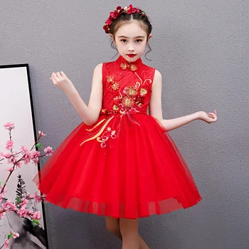 Rdeča Cheongsam Starost Za 4 - 14 Let Najstnice 2021 Kitajskega Novega Leta Rdeče Obleke Brez Rokavov Obleko Gumbi Qipao Otroci Frocks