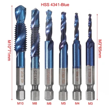 JUSTINALU 6Pcs M3-M10 1/4 Palca Hex Kolenom Metrični Navoj Modra Nano Prevlečeni HSS Svedrov in Tapnite Bitov Vijak Pipe