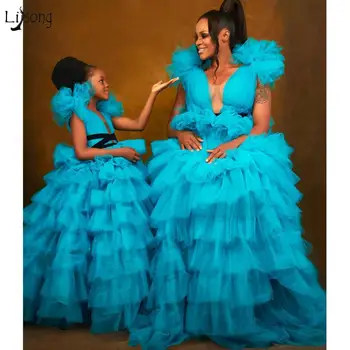 Skromno Modra Ruffles Stopenjski Dolgo Til Prom Obleke Zabuhle Til Žogo Halje 3D Tutu Cvet Maturantski Oblek po Meri Izdelana Formalna Obleka