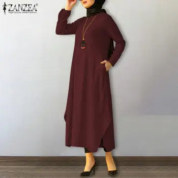 ZANZEA Wome Jeseni Dubaj Abaya Turčija Hidžab Obleko Muslimanskih Sundress Priložnostne Long Sleeve Solid Majica Obleko Haljo Femme 5XL tam kaftan