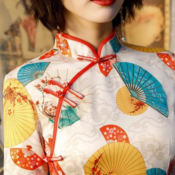 Modni Dežnik Fan Digital Print Saten Svila Kitajski Obleko Nov Vzorec Design Cheongsam Banket Stranka Obleko Ženske Kratke Qipao