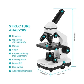 AOMEKIE Strokovno Oko Biološki Mikroskop 64-640X Gor/Dol LED za Celice Diapozitivi Gledal Študenti Otroci Izobraževanja Darilo