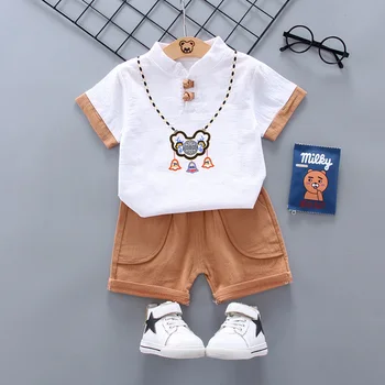 Nov Poletni baby boy oblačila Srčkan Kitajski slog Risanka Ping An Zaklepanje baby obleko Kratek rokav T-shirt+kratke hlače 1-4 Let
