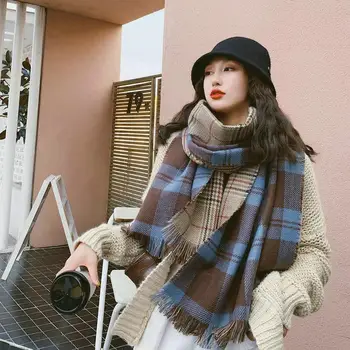 Korejski ins dvojno Kariran kašmir šal za ženske v zimo, dolgo in gosto topel šal za ljubitelje, kravatni človek