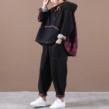 Ženski nove jesensko plus velikost korejski stil literarnega preplete kariran hooded svoboden denim obleko