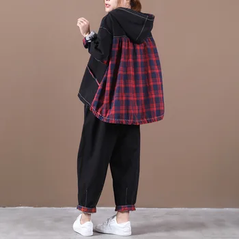 Ženski nove jesensko plus velikost korejski stil literarnega preplete kariran hooded svoboden denim obleko