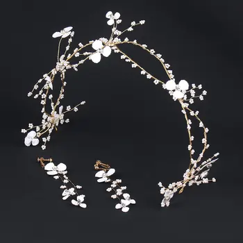 Beli cvetovi zvezd kroglice headaband tiara dolgo hairband uhan poročni nakit za lase