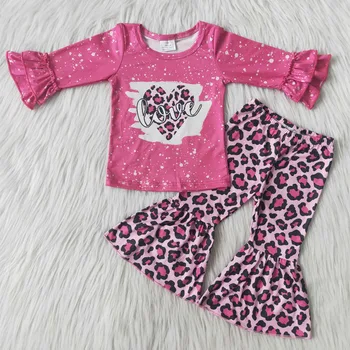 2021 Novo Valentine Slog Baby Dekleta Nosijo Srce Ljubezni, Tiskanje Dolgo Ruffle Sleeve Majica Leopard Zvonovi Hlače Otroci Obleke, Kompleti