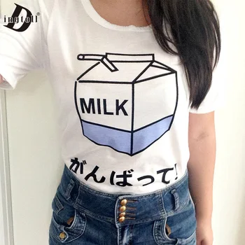 Dingtoll Japonskem Slogu Mleka Natisnjeni Vrhovi Študentov Ženski Harajuku T shirt Hipster Tumblr Črno Bel WMT321