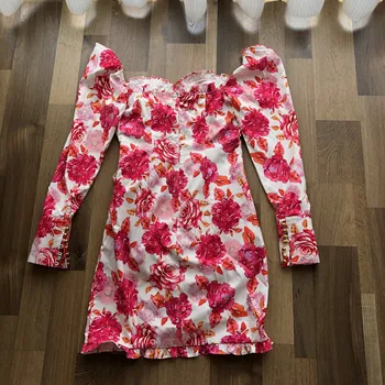 2020 Poletje Roza in Bele Vrtnice cvet Cvjetnim Tiskanja Dolce Ustrous Stretch Bombaž Sredine stegna Cut Ženske obleke Vestido S-XL