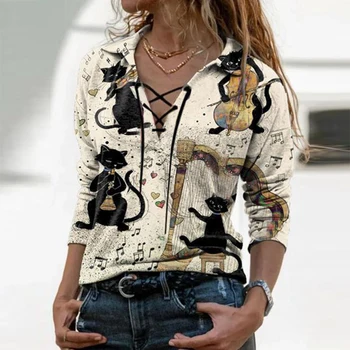 2021 Pomladni Vintage Cvjetnim Tiskanja Elegantno Zip Bluze Za Ženske Jeseni Mode Čipke-Up V-Neck Zgornji Deli Oblacil Ženske Priložnostne Majice Z Dolgimi Rokavi