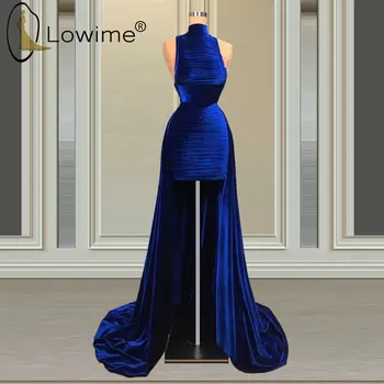 2021 Elegantno Kraljevsko Modra Prom Obleke Visoko Vratu Žamet Prom Stranka Oblek Po Meri Izdelane Formalne Obleke