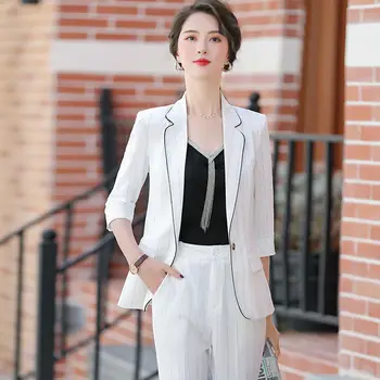 Pomlad in poletje nov slog tri četrtletja rokav moda obleko hlače osebnost prugasta divje slim beli ovratnik bo ustrezala ženske Obleka