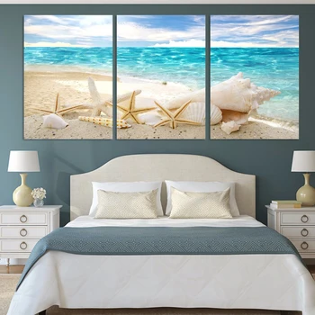 Sodobne HD Tiskane Slike Platno Slikarstvo 3 Plošča Morje, Plaža Lupini Pogled Wall Art Doma Dekoracijo Okvir za Plakat Za dnevno Sobo