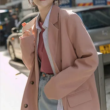 Osnovna Jakne Ženske Visoke Kakovosti Vintage Dvojno Zapenjanje Zasnova Elegantna Korejski Femme Outwear Prosti Čas Minimalističen Urad Dama Jakna