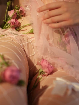 Japonski Lolita Seksi Prozorni Mesh Perilo Babydoll Roza Sleepwear z Tangice Seks Oblačila Lenceria Seksi spodnje Perilo za Ženske