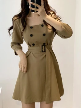 Colorfaith Novo 2019 Jeseni, Pozimi Ženske Obleke Dvojno Zapenjanje Sashes Čipke korejskem Slogu Eleganten Casual Mini Obleka DR773