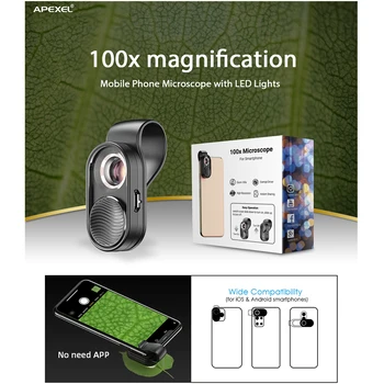 APEXEL100X mikroskopom objektiv fotoaparata v telefonu objektiv z visoko povečavo Svetlobe LED, micro žep leče za iPhone, Samsung vse pametne telefone