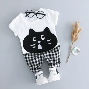 Alice otroci oblačila tiskanje lepe risanke mačka t-shirt + kariran hlače 2PCS set za 1-4 yrs star dojenček fant dekleta