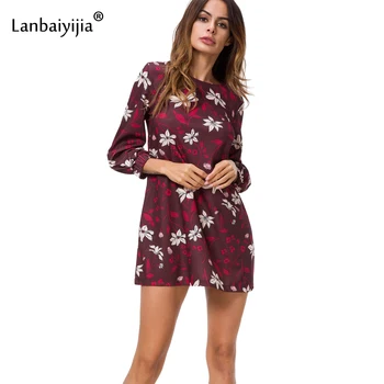 Lanbaiyijia 2018 nove Ženske Priložnostne Obleko tričetrt Rokav O-vratu Tiskanja Cvetovi obleka ženske, ohlapno Obleko Pomlad poletje obleke
