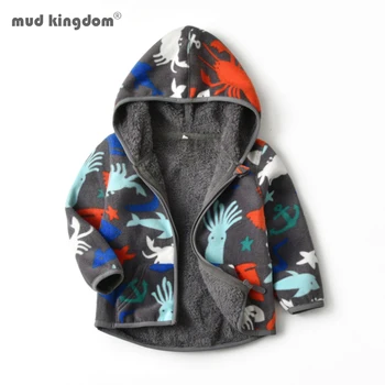 Mudkingdom Fantje Coats Moda Dinozaver Vzorec Tiskanja Long Sleeve Hooded Otrok Vrhnja Oblačila Pozimi Fantje Runo Jopiči