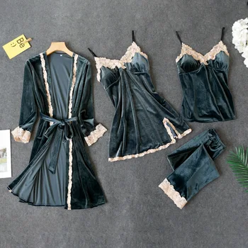 Velur Sleepwear Žensko z Blazinice za Prsi Seksi Ženske Pižame Čipke Spanja Salon 4 Kosov Določa Dame Zaprtih Oblačila