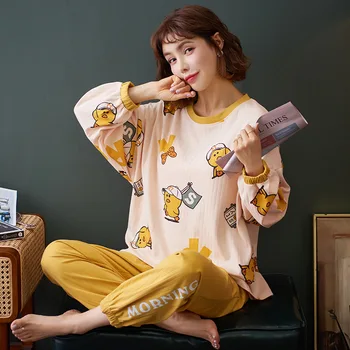 Jeseni, Pozimi Bombažno Pižamo Kompleti za Ženske do leta 2020 korejski Slog Tiskanja Plus Velikost More o Vratu Dolg Rokav Svoboden Sleepwear