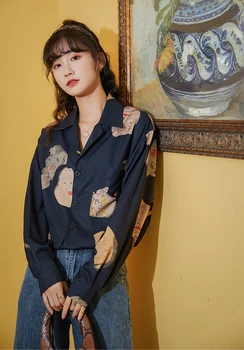 CHEERART Ukiyoe Hannya Tiskanja Dolg Rokav Bluzo Ženske Blue River Gumb Gor Majico Japonski Slog Jeseni Leta 2020 Modnih Oblačil