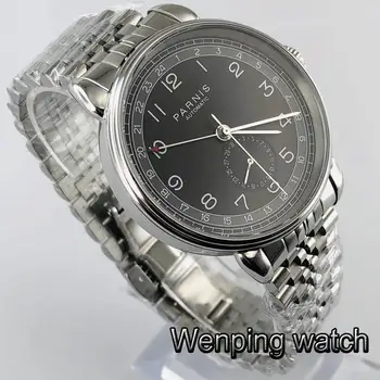 Parnis 42mm srebro primeru, črna številčnica GMT arabski označi datum okno trdnega nerjavečega jekla mens top podjetja avtomatsko mehansko uro