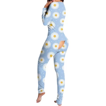 Ženske V Vratu Dolgimi Rokavi Jumpsuit Onesie Pižame Sleepwear Ženska Proti-vrat Dolgimi Rokavi Jumpsuit Pižamo Gumb Pokrovček za Odrasle