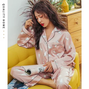 Daeyard Svile Pižame Sleepwear Ženske Pižame Nastavite Saten Pijamas More 2020 Novo Spanja Salon Splošno Tiskanje Doma Oblačila