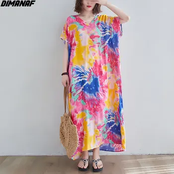 DIMANAF 2021 Moda Plus Velikost Ženske Dolga Obleka Plaži Sundress Poletje Bombaž Tiskanja Oversize Lady Vestido Svoboden Priložnostne Obleko Maxi