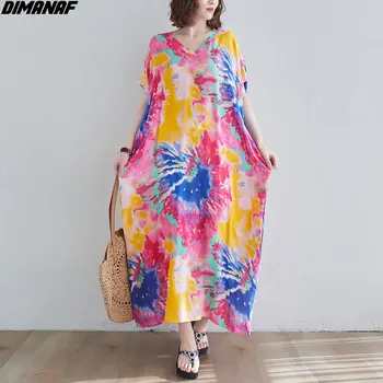 DIMANAF 2021 Moda Plus Velikost Ženske Dolga Obleka Plaži Sundress Poletje Bombaž Tiskanja Oversize Lady Vestido Svoboden Priložnostne Obleko Maxi