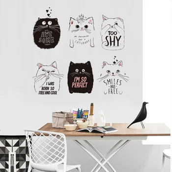Najnovejši Luštna Mačka Stenske Nalepke Modni Dom Dekor 6 Kos Mačke Črno Bele Mačke Ozadja DIY Otroci Soba Dekoracijo
