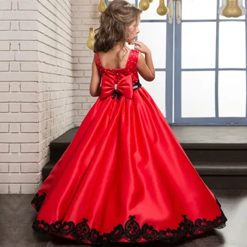 Princesa Saten Beaded Dolžina Tal Rdeča Roža Punca Obleke Črne Appliques Dekleta Pageant Obleko Za Prvo Obhajilo Obleke