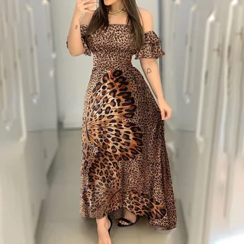 Leopard Obleko 2020 Ženske Metulja Print Dolga Obleka Ohlapno Ruffle Kratek Rokav Besedo Ramenski Seksi Stranka Obleko Vestidos de fiesta
