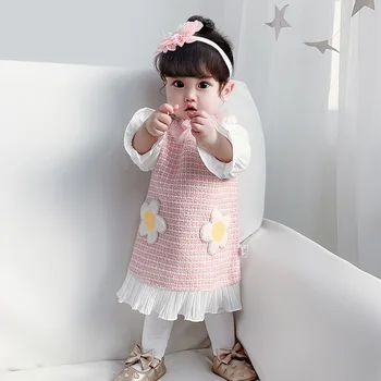 Jeseni Baby Dekleta Oblačenja Dolg Rokav Cvetje Appliques Čipke A-line Kariran Otroci Obleke Baby Otroci Oblačila 0-4Y